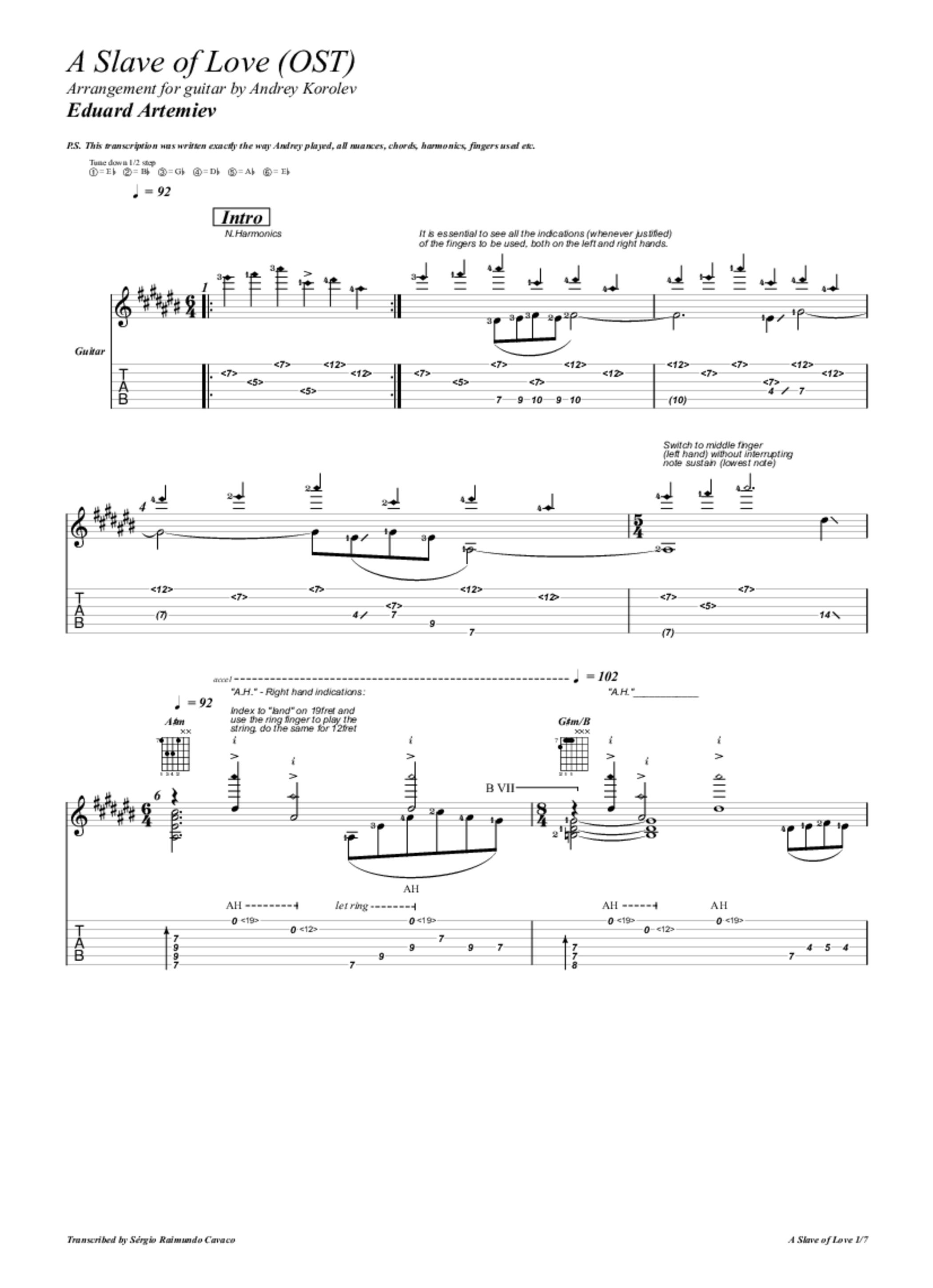 PDF Sample of Andrey Korolev - "Раба Любви" (Эдуард Артемьев) Eduard Artemiev "A Slave of Love" OST guitar tab & chords by Andrey Korolev.