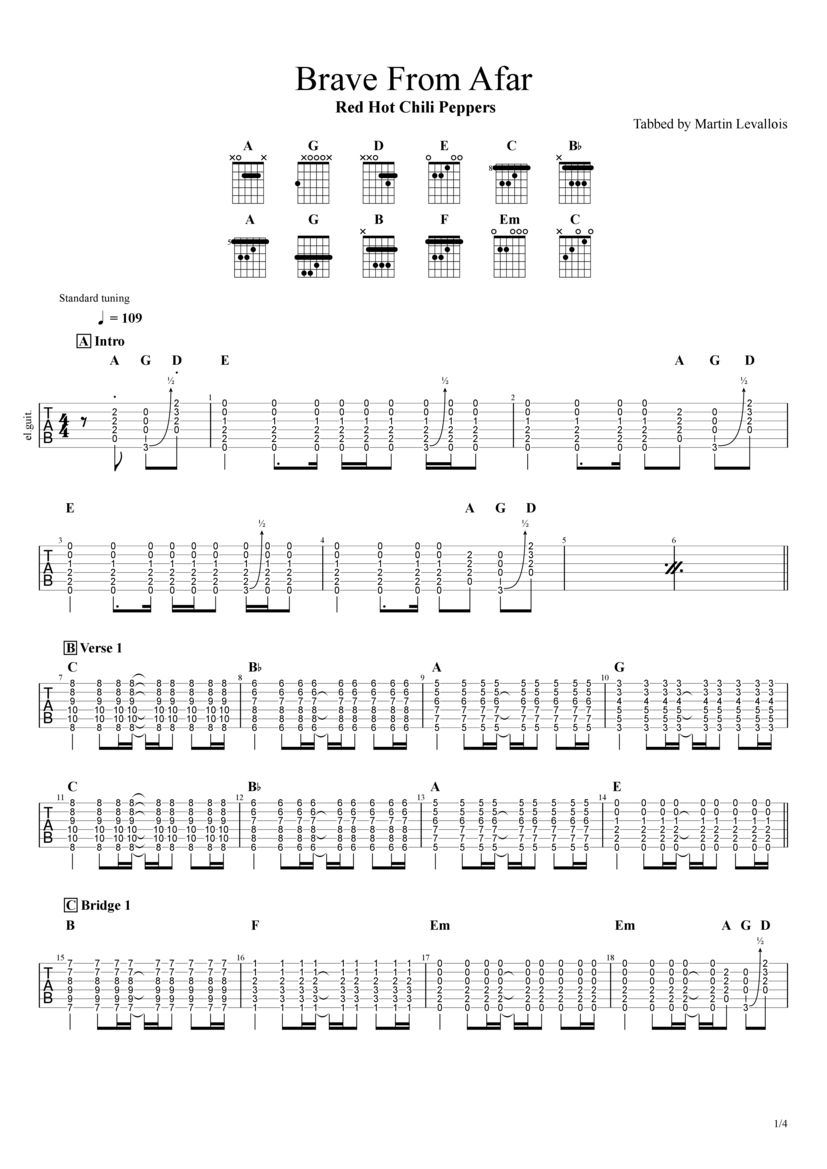 PDF Sample of Brave From Afar guitar tab & chords by Red Hot Chili Peppers.