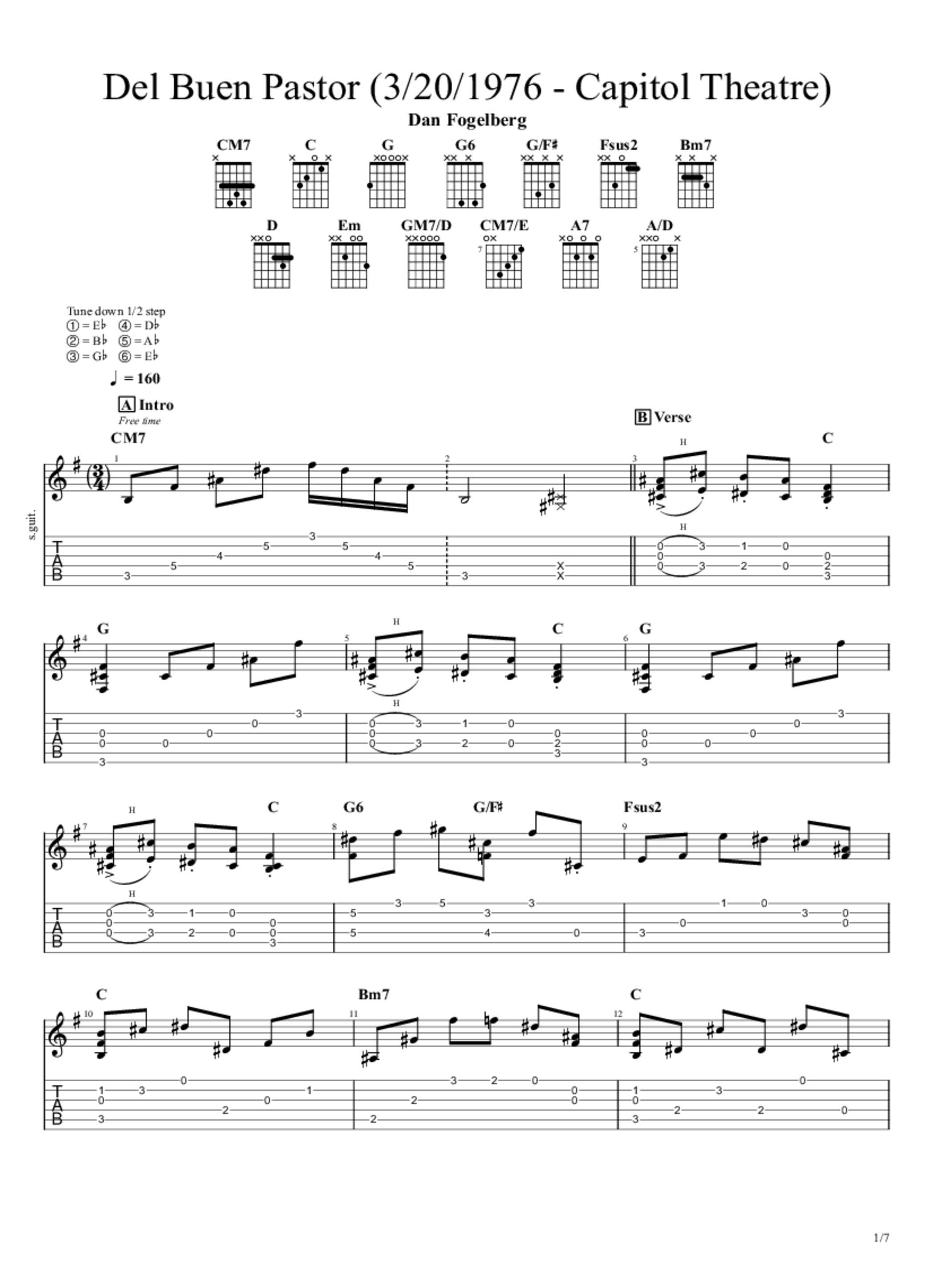 PDF Sample of Dan Fogelberg - Del Buen Pastor - 3/20/1976 - Capitol Theatre (Official) guitar tab & chords by Folk & Country on MV.