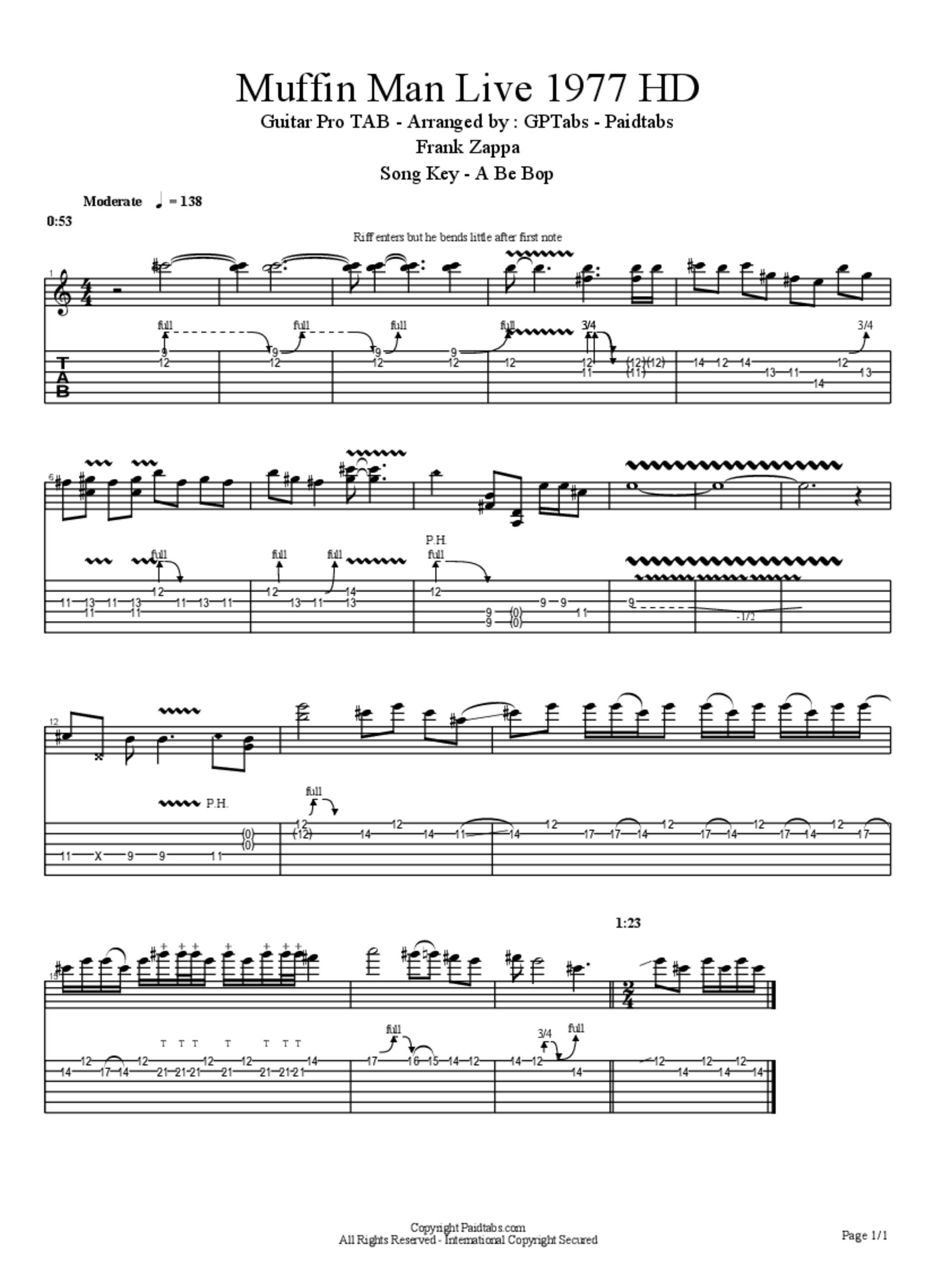 PDF Sample of Frank Zappa  Muffin Man Live 1977 HD guitar tab & chords by schuerbuikske.