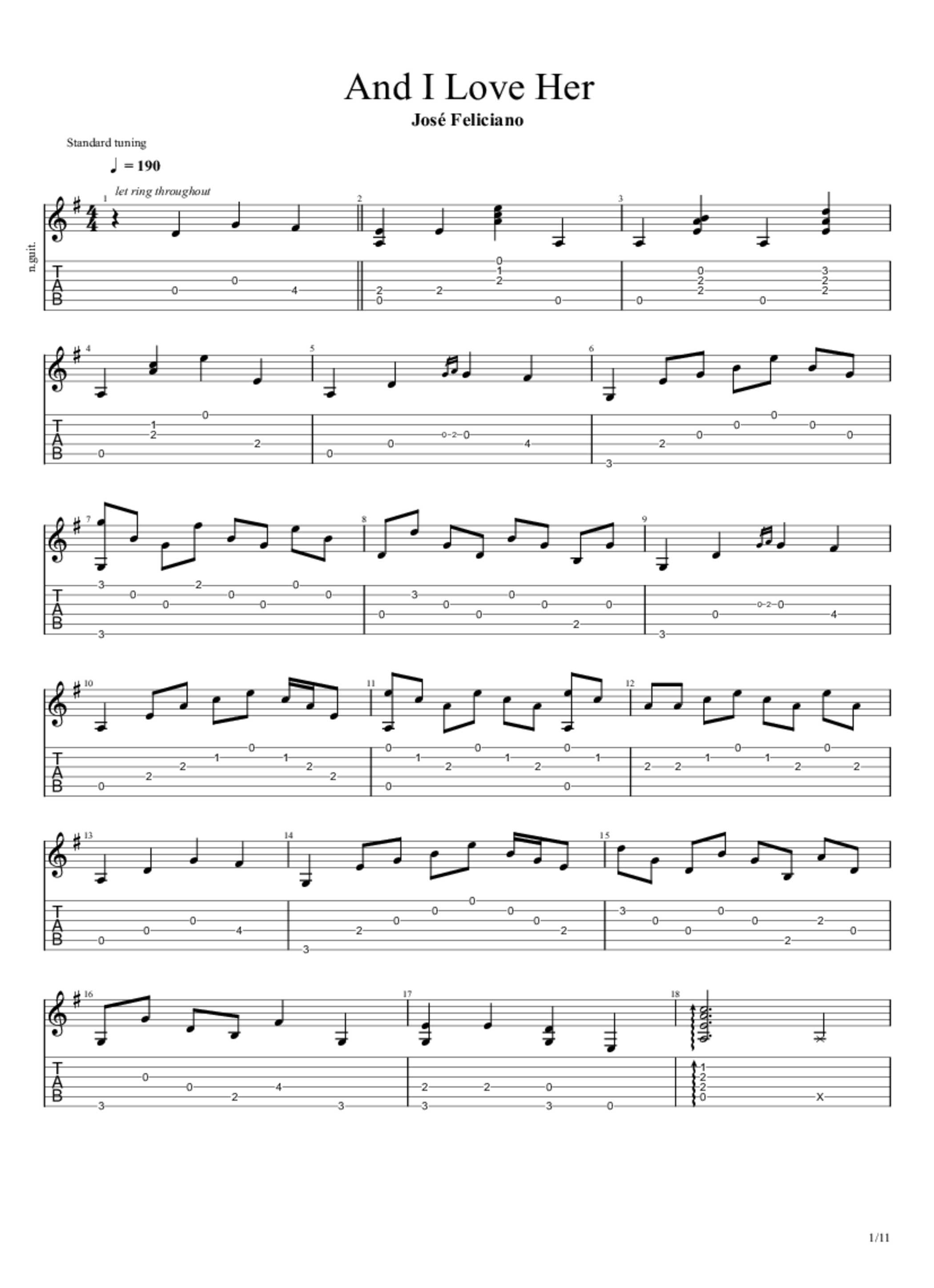 PDF Sample of Jose Feliciano – And I Love Her guitar tab & chords by MetafoR.