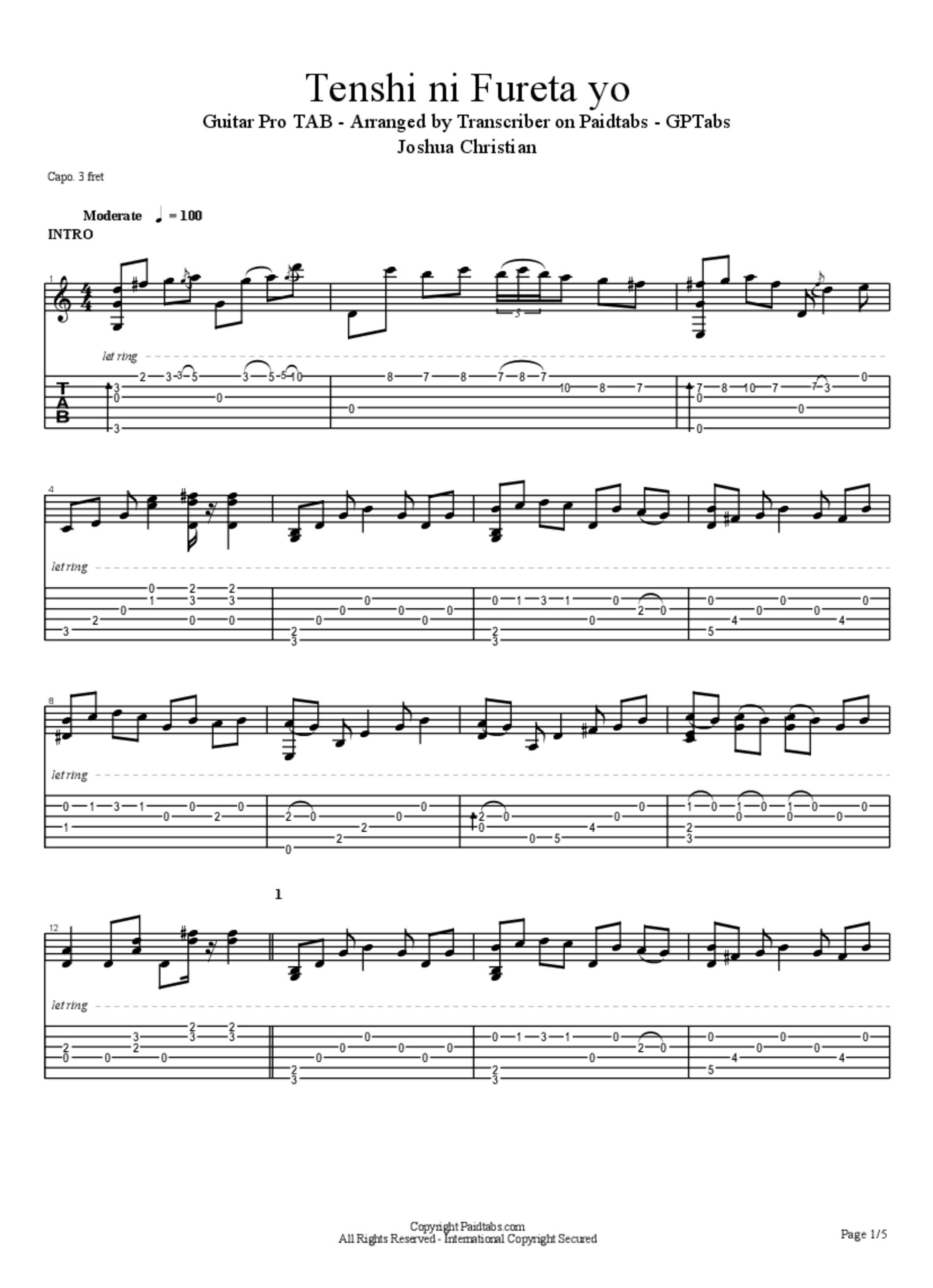 PDF Sample of (K-ON!!) Tenshi ni Fureta yo! (天使にふれたよ!) - Fingerstyle Guitar Cover - Joshua Christian guitar tab & chords by Joshua CT.