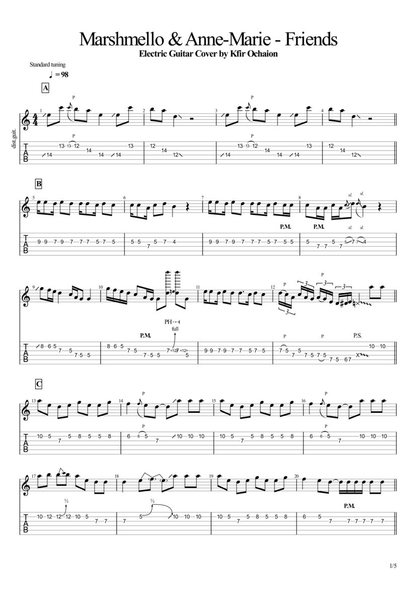 PDF Sample of Marshmello & Anne Marie - Friends - Electric guitar tab & chords by Kfir Ochaion.