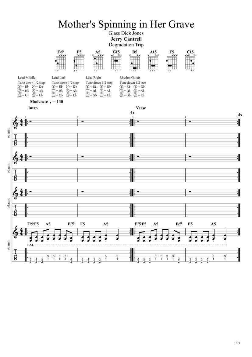 PDF Sample of Mother's Spinning in Her Grave (Glass Dick Jones) guitar tab & chords by Jerry Cantrell.