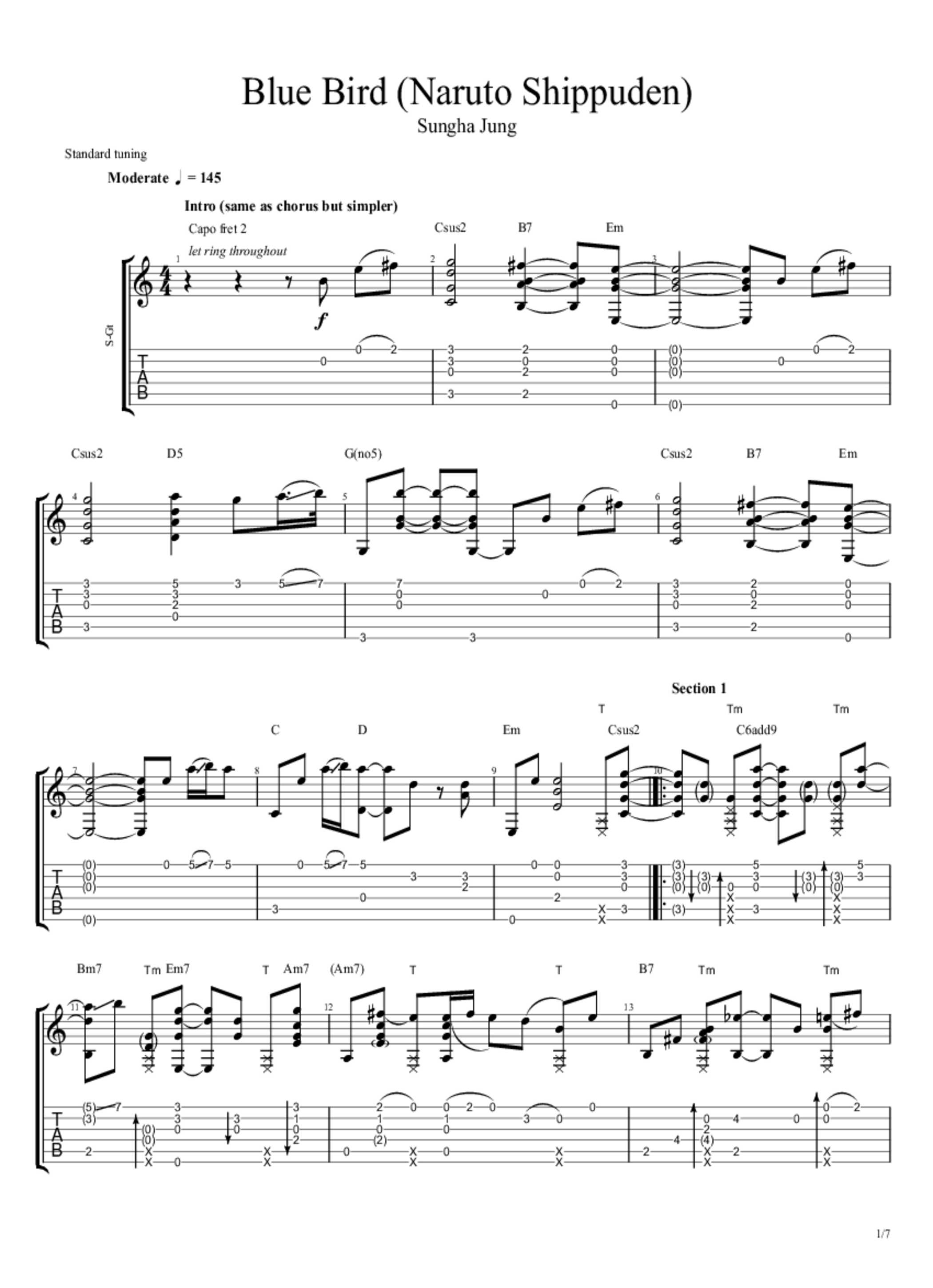 PDF Sample of (Naruto Shippuden) Blue Bird - Sungha Jung guitar tab & chords by Sungha Jung.