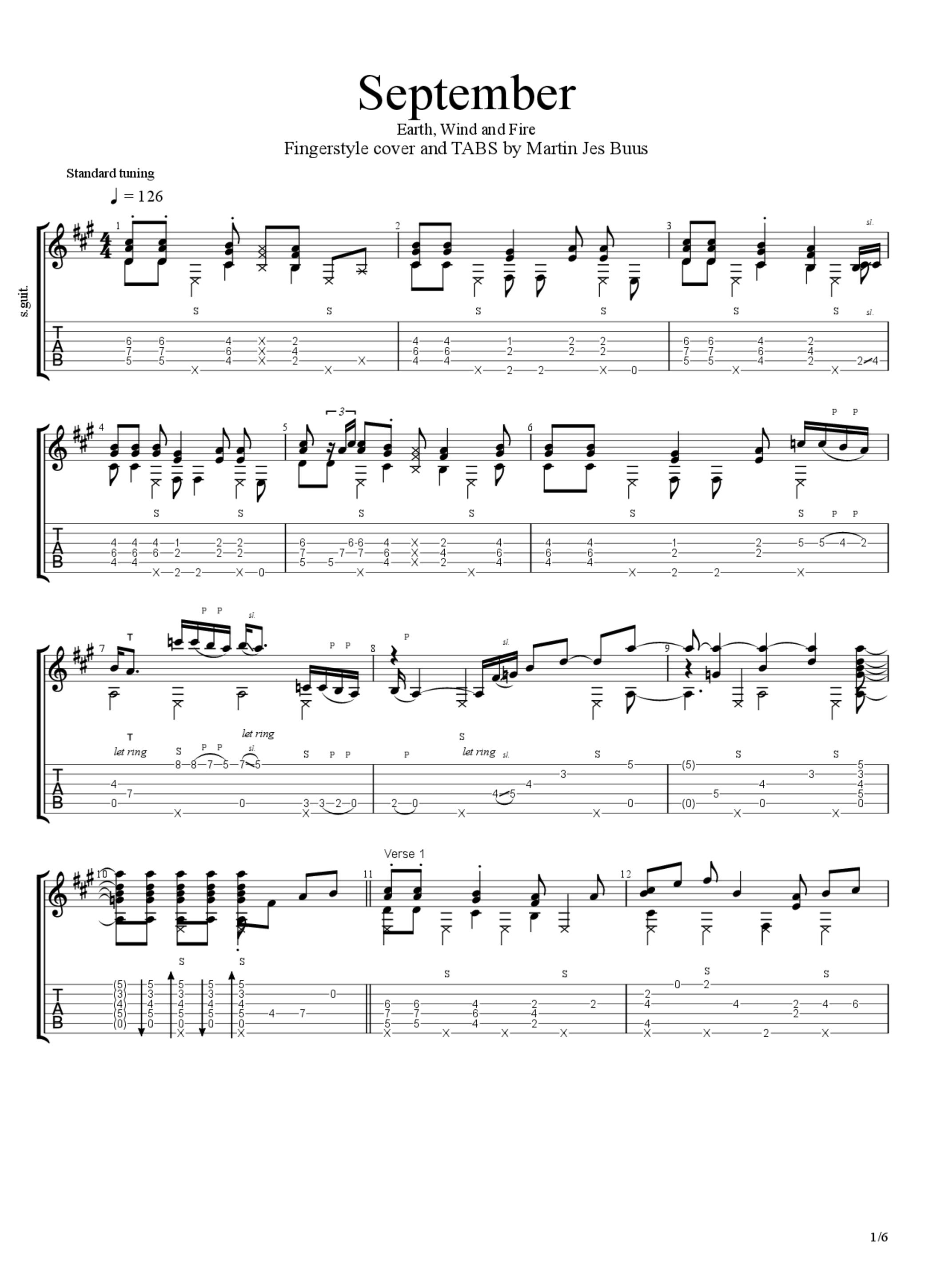 PDF Sample of September - Earth Wind and Fire - Fingerstyle Cover guitar tab & chords by Martin Jes Buus.