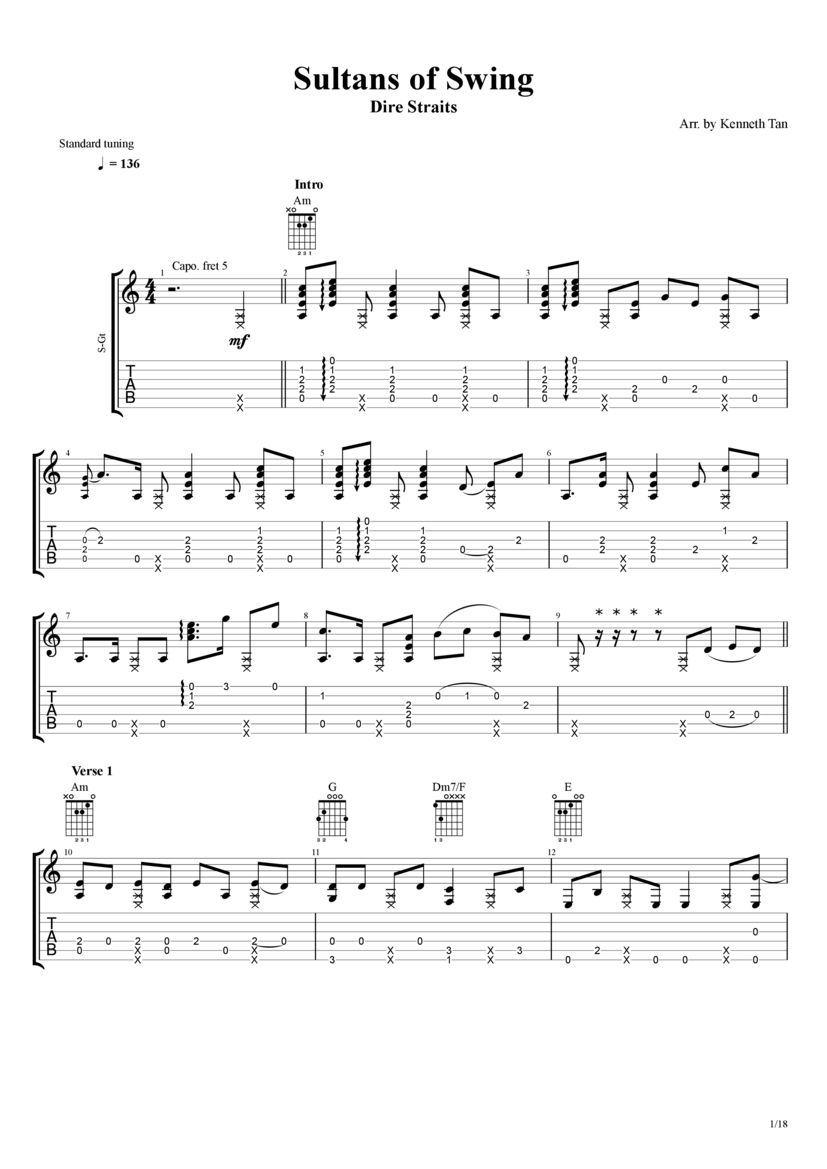 PDF Sample of Sultans of Swing - Dire Straits guitar tab & chords by Kenneth Acoustic.