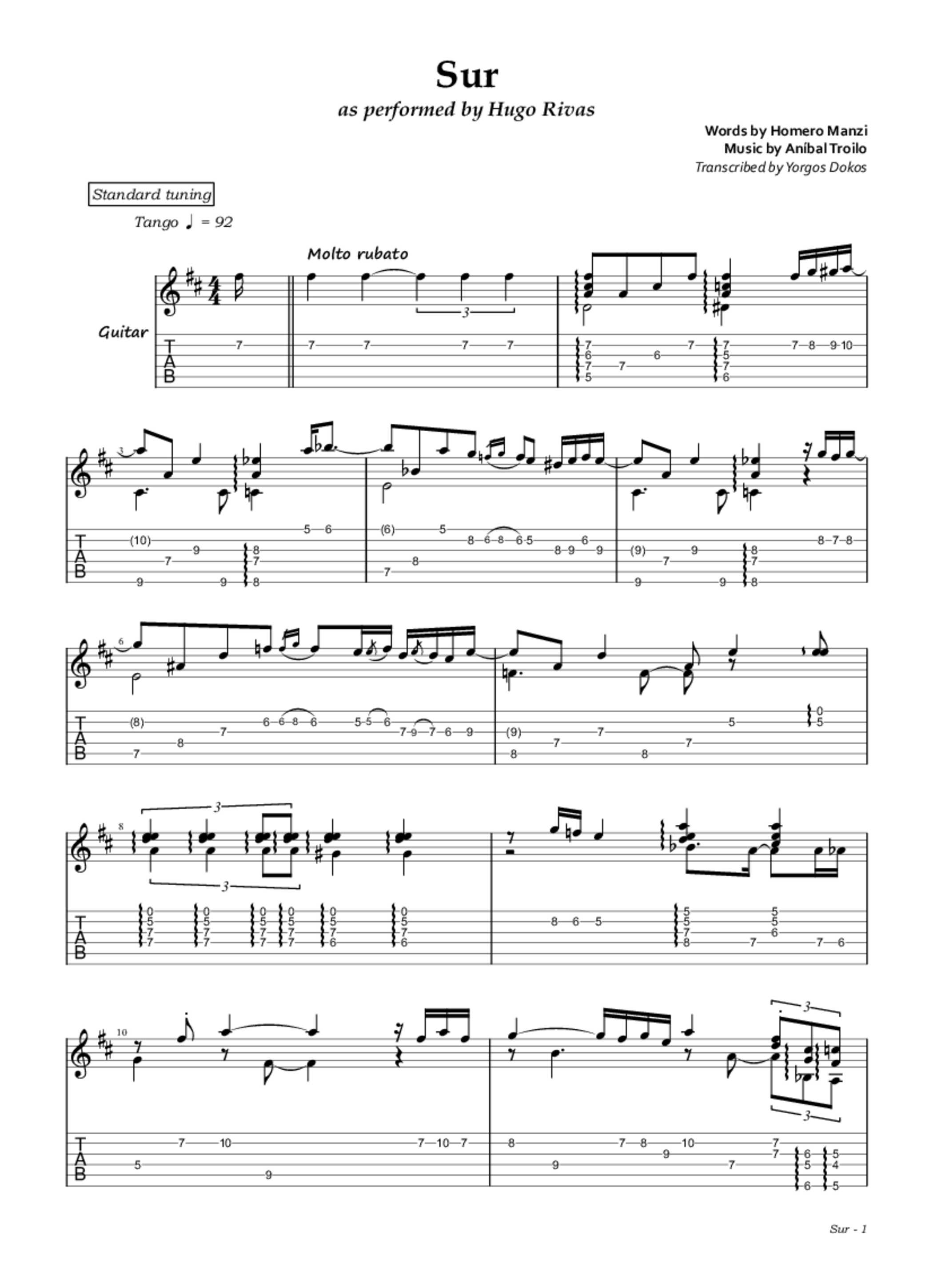 PDF Sample of "Sur" por Hugo Rivas en "El Arranque" guitar tab & chords by La2x4BA.