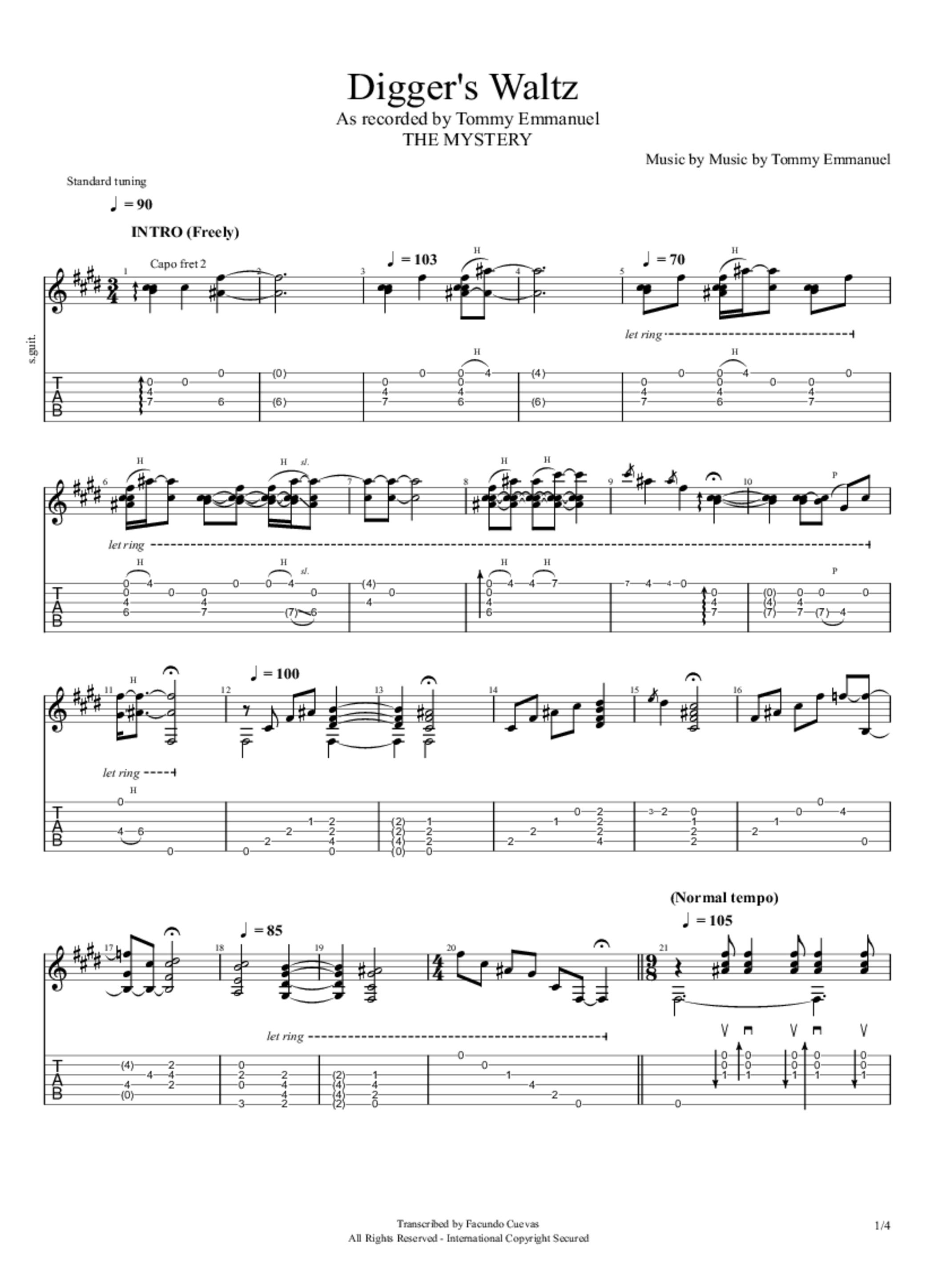 PDF Sample of The Digger's Waltz guitar tab & chords by Tommy Emmanuel - Topic.