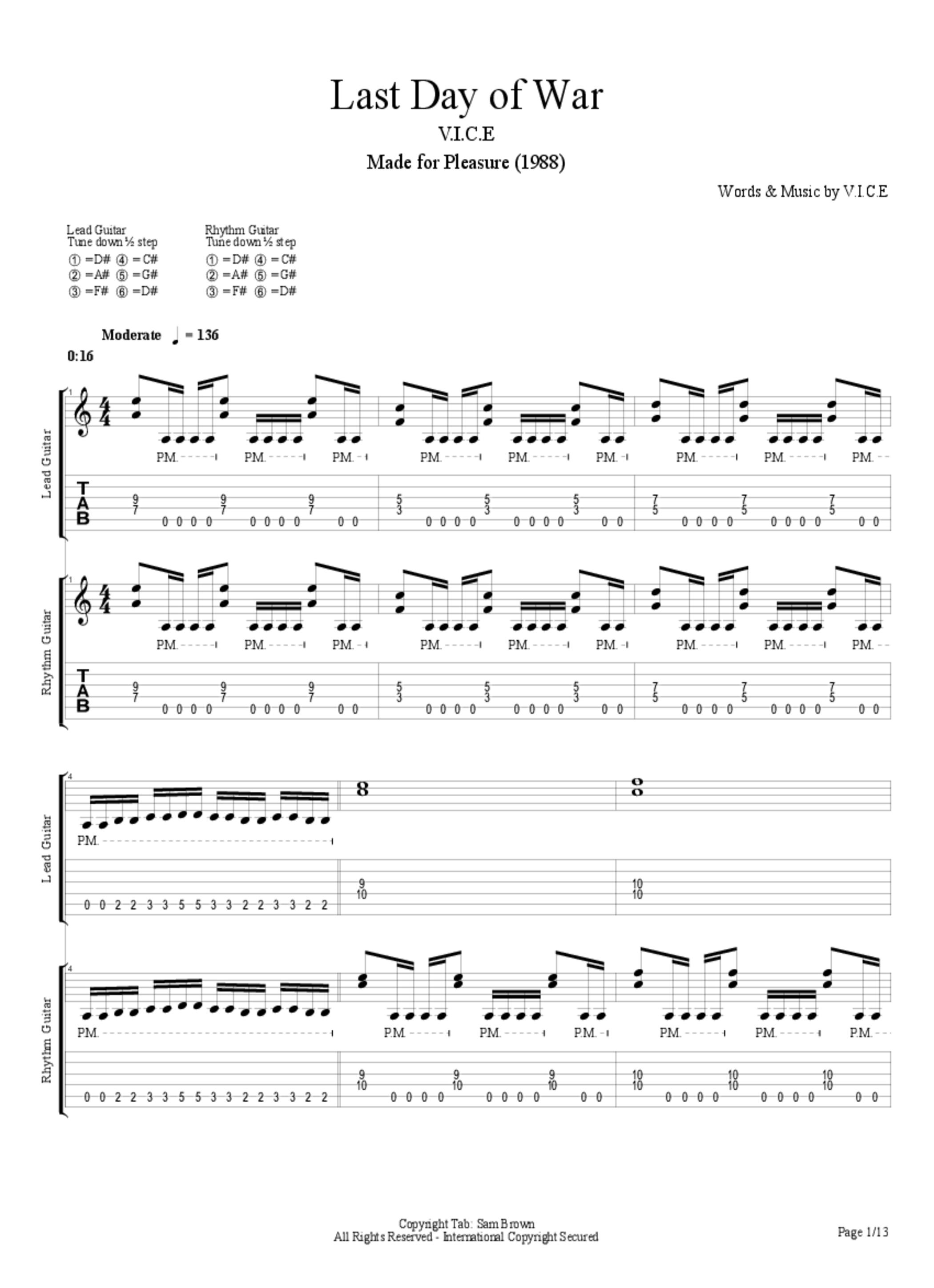 PDF Sample of Vice - Last Day of War (From Made For Pleasure 1989) guitar tab & chords by J. K..