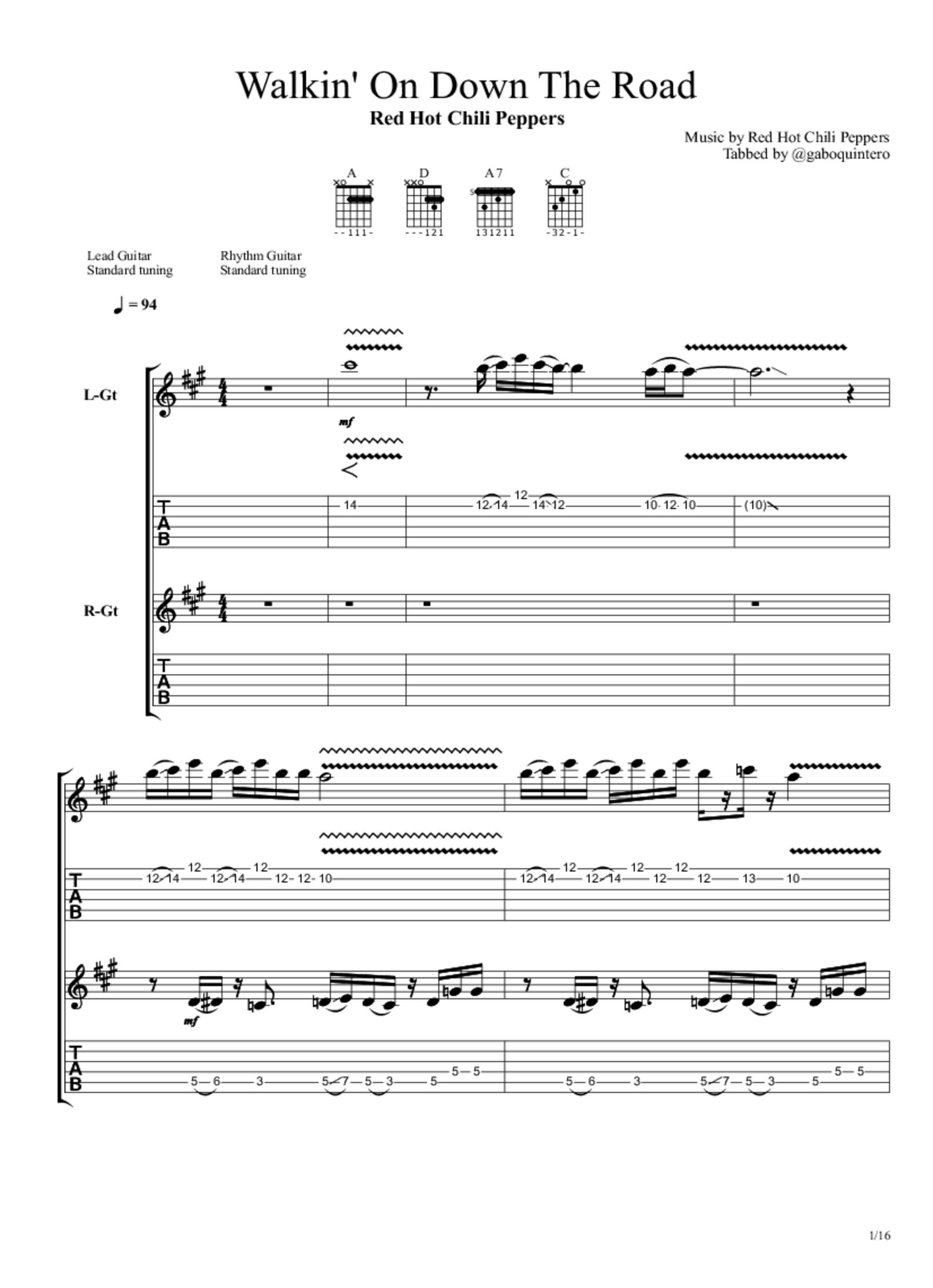 PDF Sample of Walkin' On Down The Road guitar tab & chords by Red Hot Chili Peppers - Topic.