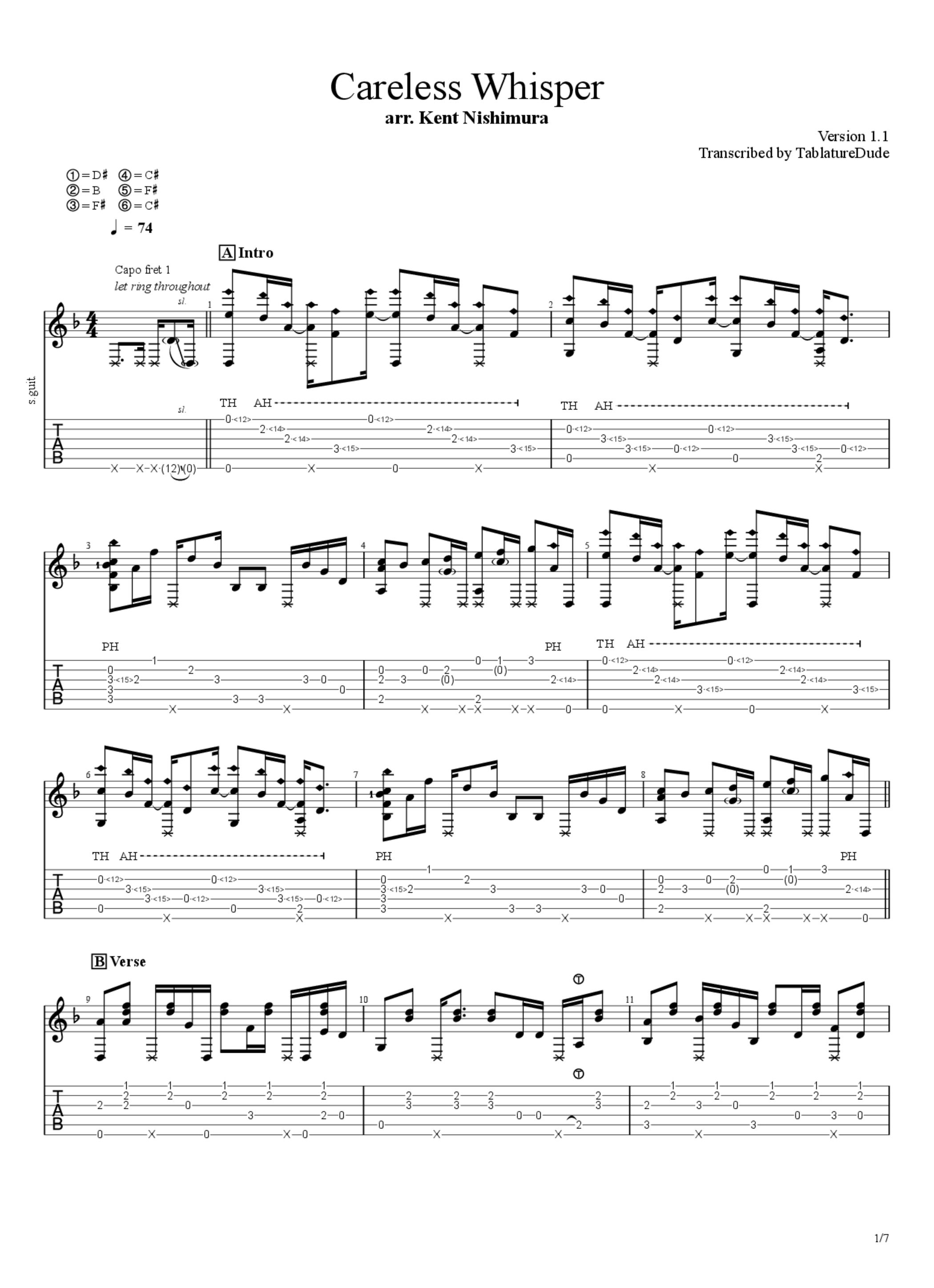 PDF Sample of Careless Whisper - George Michael - Solo Acoustic Guitar -Arranged by Kent Nishimura guitar tab & chords by Kent Nishimura.