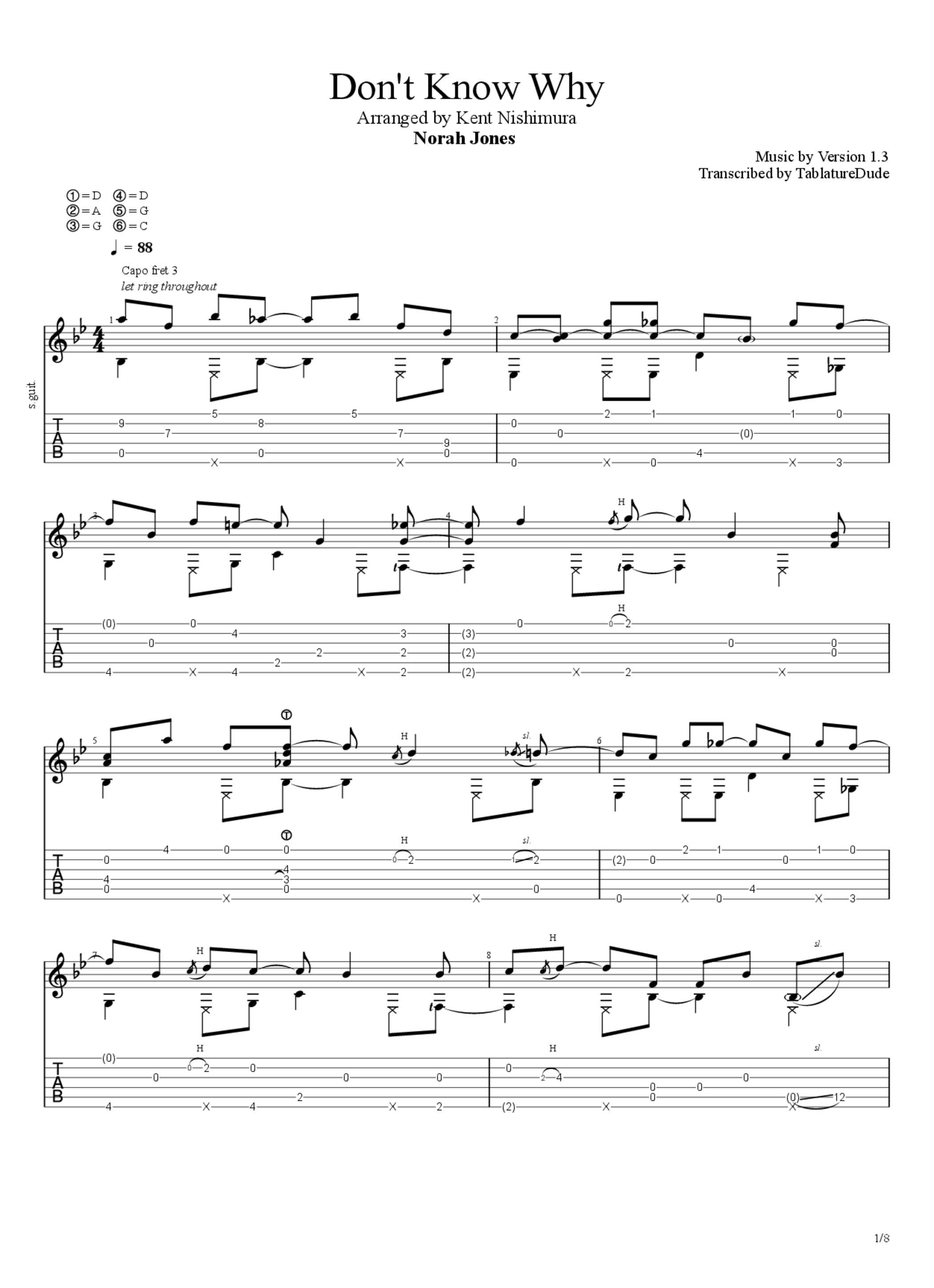 PDF Sample of Don't Know Why - Norah Jones (Fingerstyle) arranged by Kent Nishimura guitar tab & chords by Kent Nishimura.