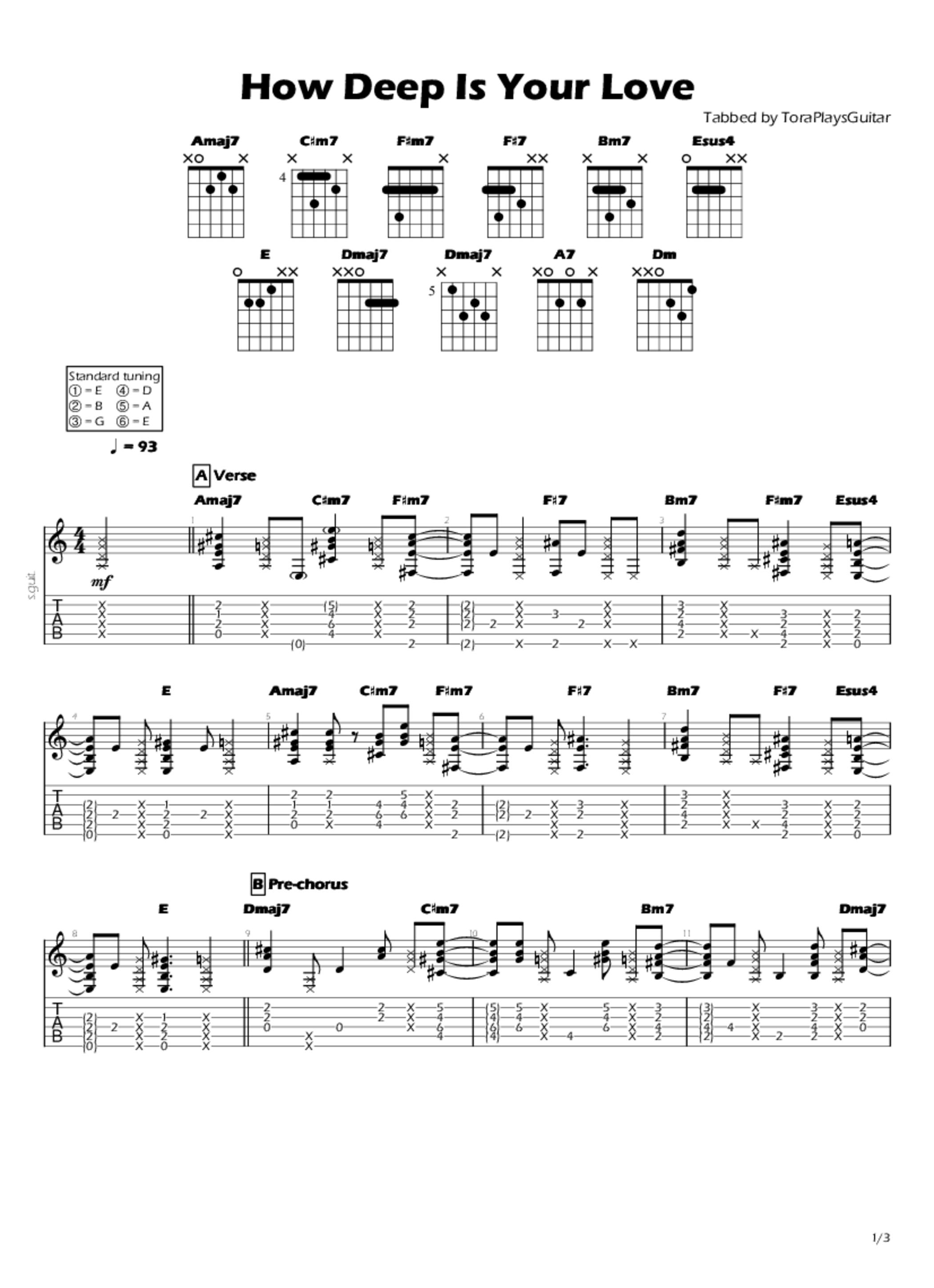 PDF Sample of how deep is your love l cover (ENG SUB) guitar tab & chords by 정아로 / ARO.