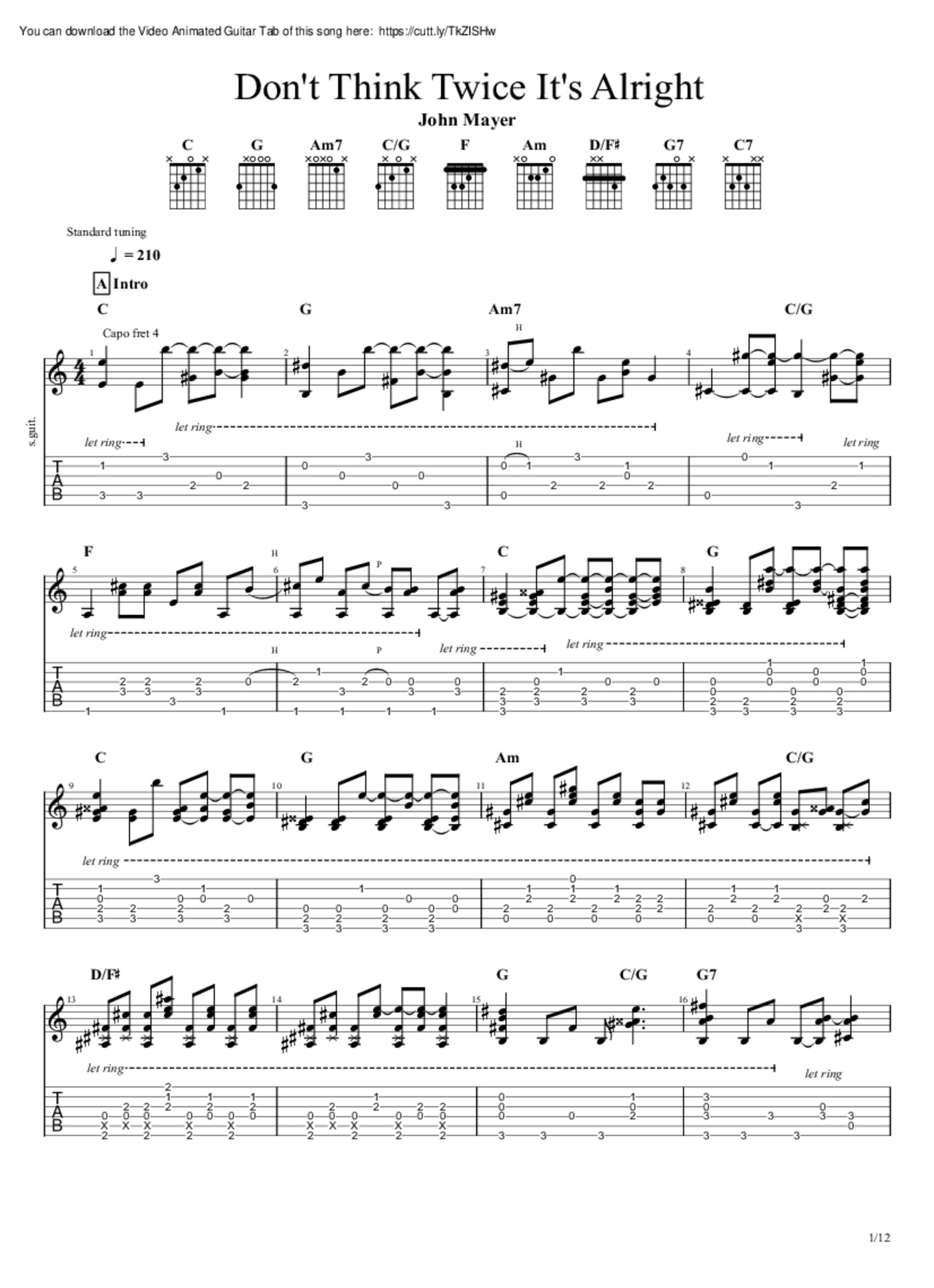 Don't think twice chords in g