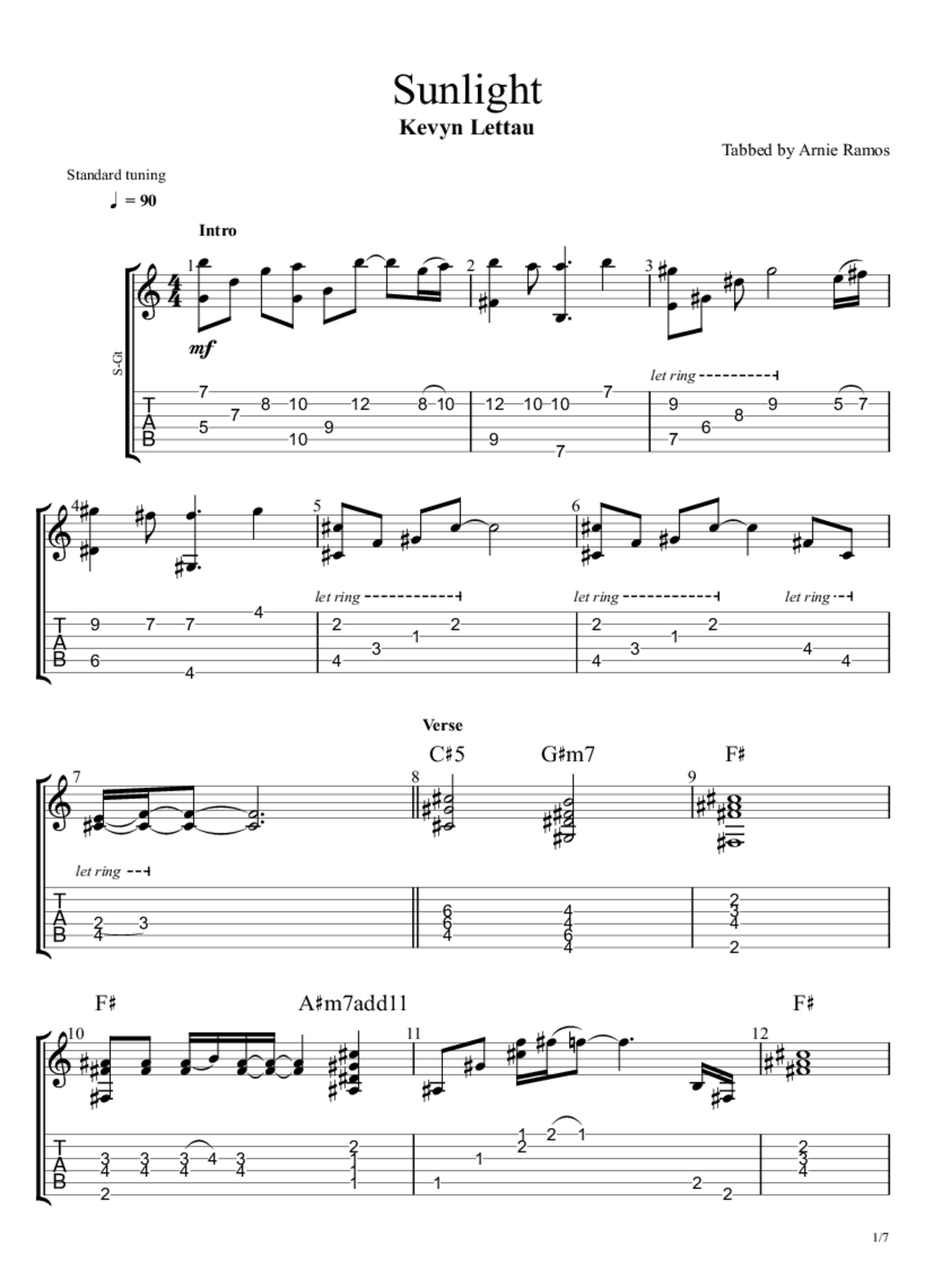 PDF Sample of Kevyn Lettau - Sunlight guitar tab & chords by babys gottago.