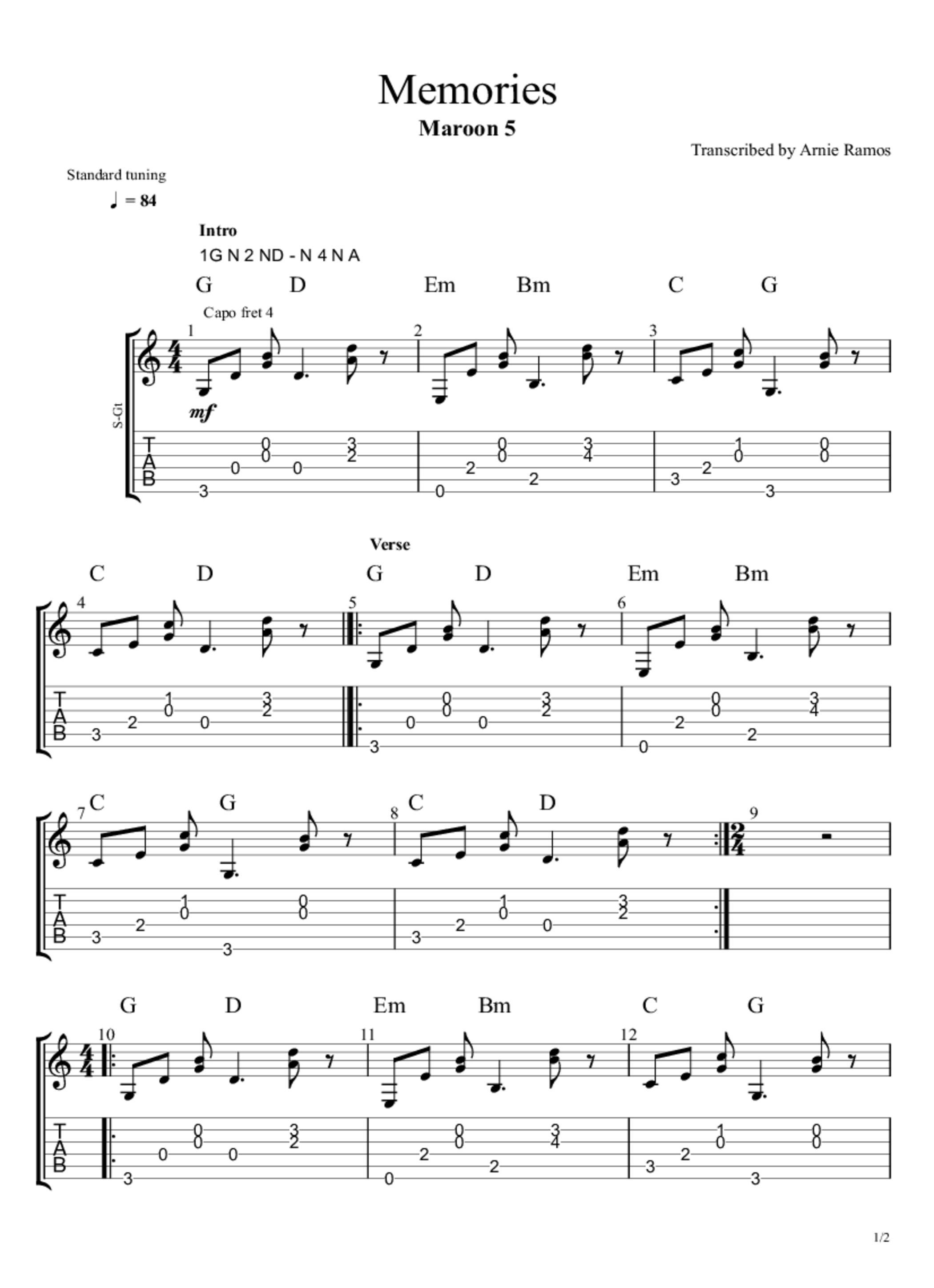 PDF Sample of Maroon 5 - Memories (Official Video) guitar tab & chords by Maroon5VEVO.