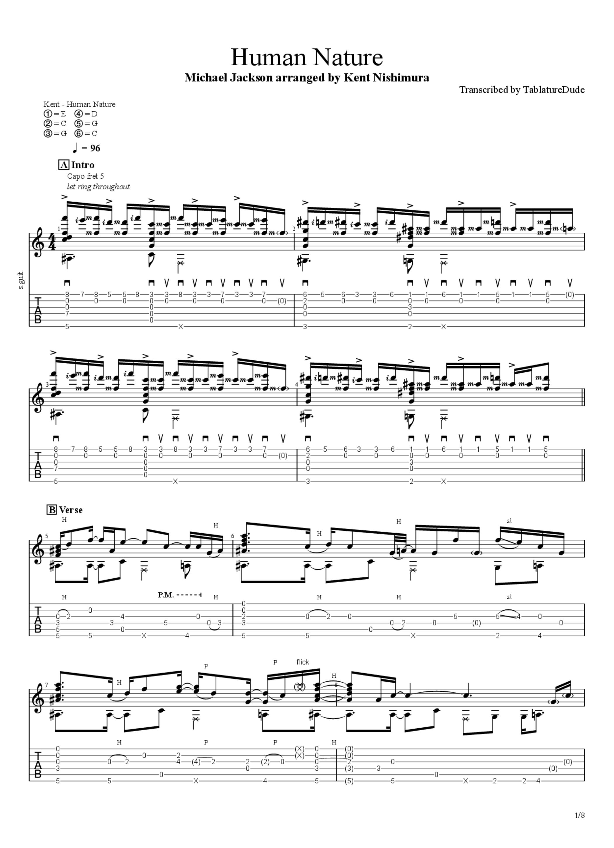 PDF Sample of Michael Jackson - Human Nature - Solo Acoustic Guitar Cover(Kent Nishimura) guitar tab & chords by Kent Nishimura.