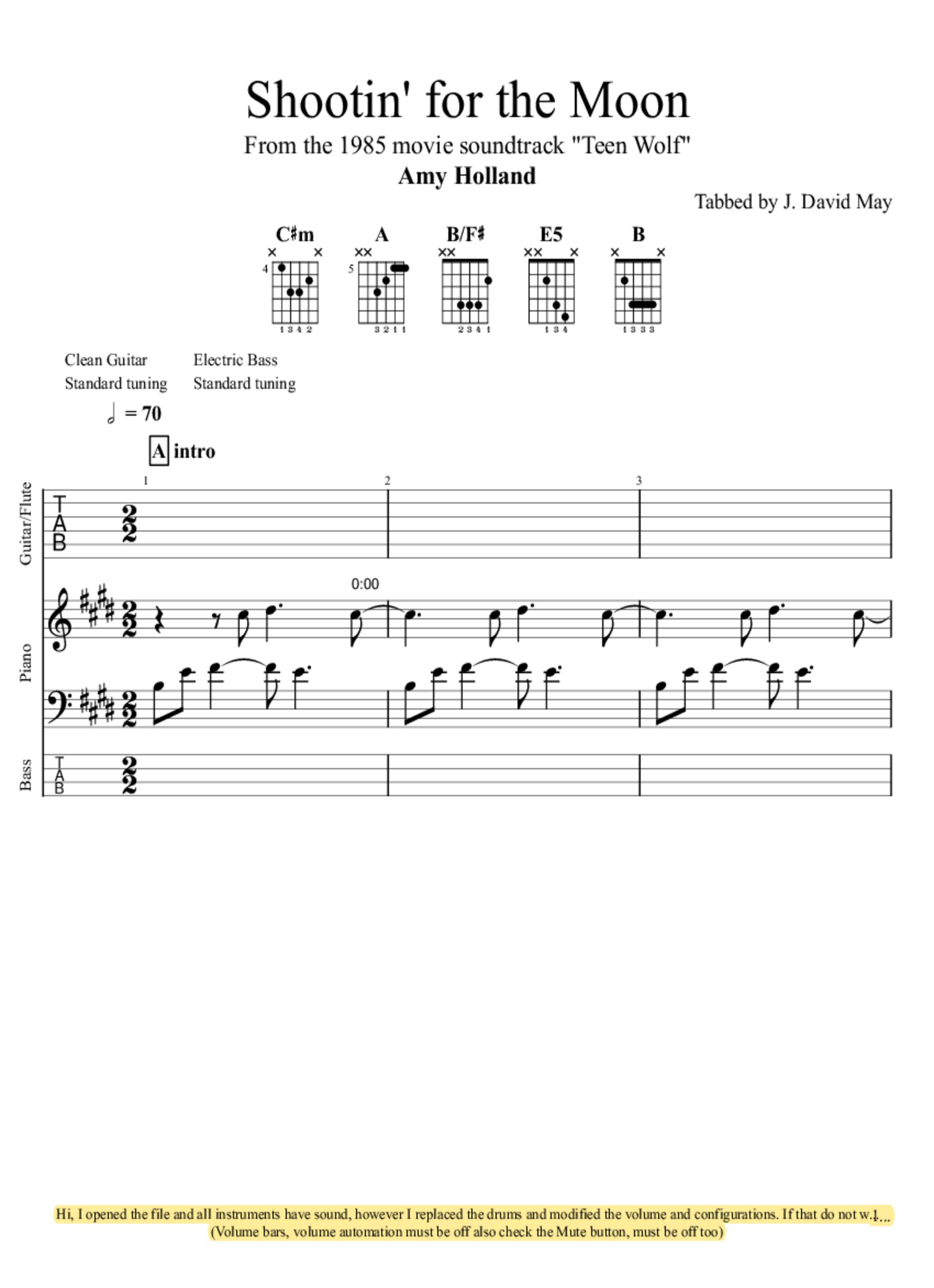 PDF Sample of Shootin' For The Moon - Amy Holland guitar tab & chords by Kelly Mark.